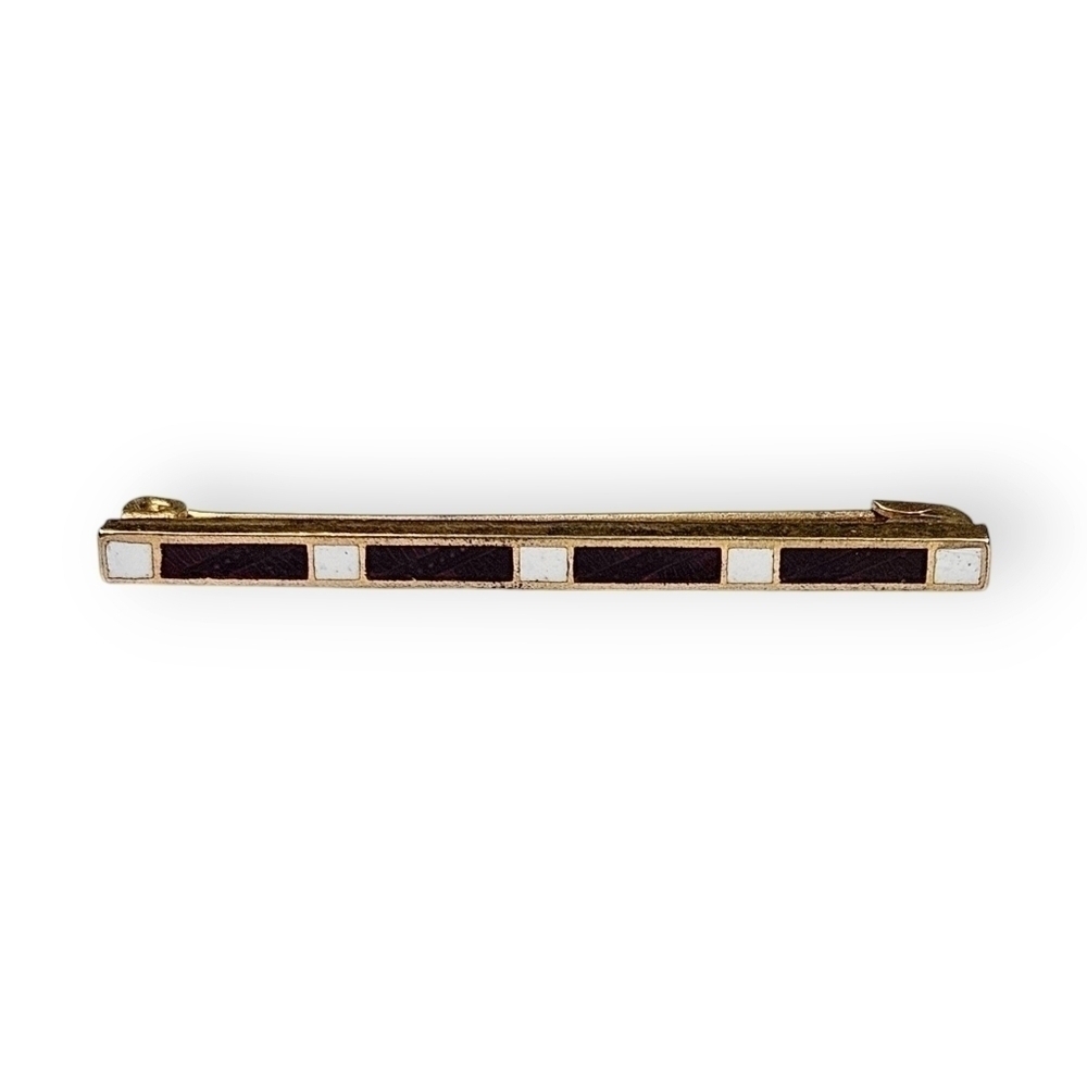 Antique Art Deco Bar Brooch Darkest Red White Enamel Stripe Gold Plate 1910s 20s